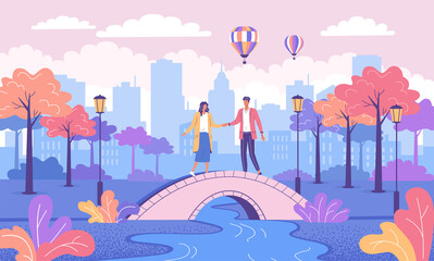 romantic date couple in the colorful city park