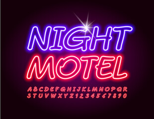 Vector bright logo Night Motel. Red Neon Font. Glowing electric Alphabet Letters and Numbers set