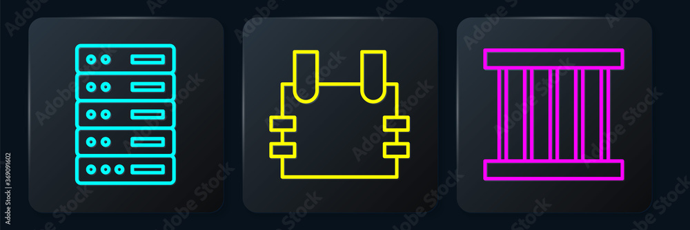 Poster set line server, data, web hosting, prison window and bulletproof vest. black square button. vector.