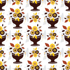 Vector endless seamless pattern. Illustration of stylized vase with flowers. Flat style flowers, leaves, petals. Elements for design isolated on white background
