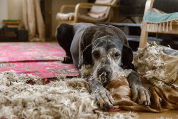 Adorable big black dog sitting on destroyed pillow at home