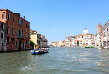 Panoramic view of the Grand Canal in Venice, Italy. Beautiful summer day with clear blue sky.