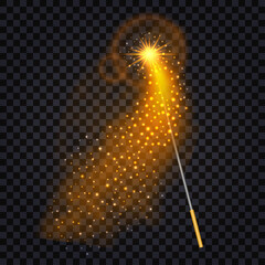 Magic wand with fire trail light effect. Glowing glitter star dust, shiny particles. Isolated object for magic fantasy. Vector illustration - obrazy, fototapety, plakaty