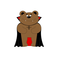 Cute pleased bear in costume of vampire. Halloween cartoon vector illustration for children.