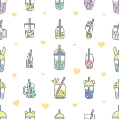 Vector seamless pattern,  Little cups of boba tea and hearts