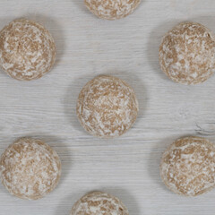 Sweet gingerbread cookies in sugar glaze. Gingerbread background.