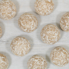 Sweet gingerbread cookies in sugar glaze. Gingerbread background.
