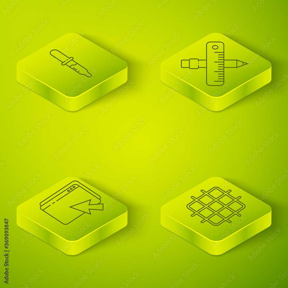 Poster set isometric crossed ruler and pencil, web design and development, grid graph paper and pipette ico