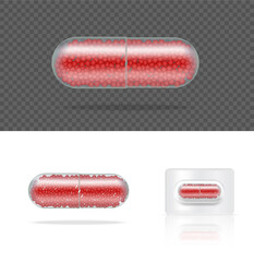 Mock up Realistic Transparent Pill Medicine Capsule Panel on White Background Vector Illustration. Tablets Medical and Health Concept.