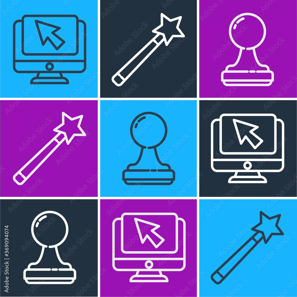 Poster set line computer monitor and cursor, stamp and magic wand icon. vector.