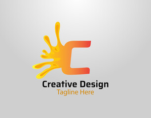 Letter C Splash Logo Icon. Initial C with orange splash and drops Design