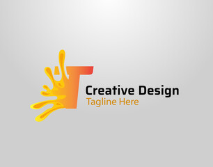 Letter T Splash Logo Icon. Initial T with orange splash and drops Design