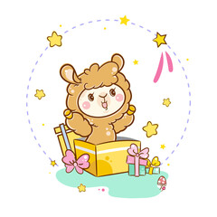 Vector kawaii alpaca in frame with stars, white background. Cute cartoon style, perfect for cards, posters, prints