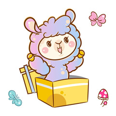 Set of vector cartoon element for design. Kawaii blue-pink abstract Llama jumping from box, ribbon, butterfly, agaric . Anime illustration for kids design