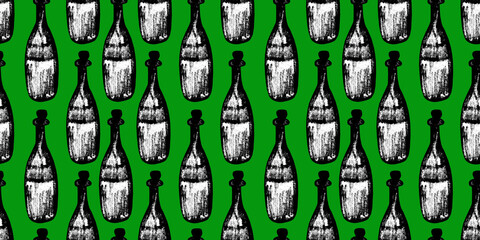 Seamless pattern with wine bottles with corks. Black and white glass bottles on green, blue, pink background. Perfect for wrapping paper, textile, menu and card design.
