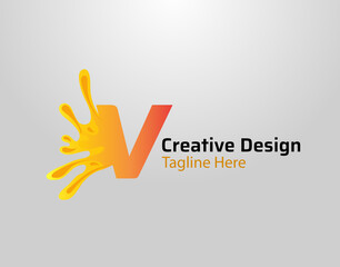 Letter V Splash Logo Icon. Initial V with orange splash and drops Design