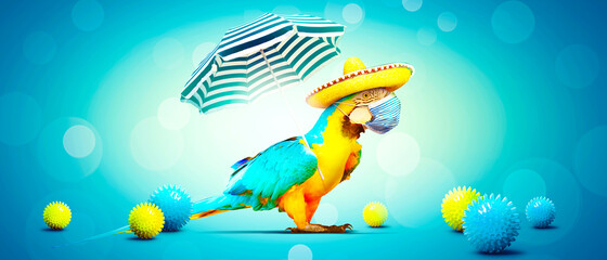 Fototapeta na wymiar Macaw parrot with medical mask on vacation