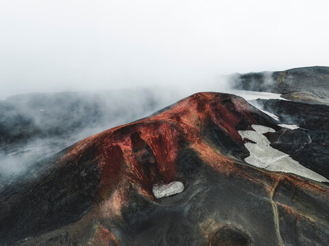Aerial view of a volcanic crater in Iceland.