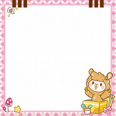 Vector printing paper note with dotted sheet (bullet journal style). Design for square notebook, diary, letters, planners, notes.  Kawaii anime Llama with gift box and plants on cute pink background