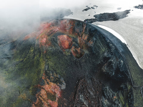 Aerial view of a volcanic crater in Iceland.