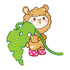 Vector cartoon element for design. Kawaii big-headed Llama (or Alpaca) with rubber boots, cute smiling face, walking with big monstera plant