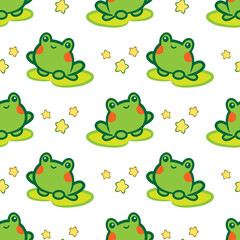 Vector cartoon seamless pattern. Kawaii green toads, frogs with lily leaves and stars. Funny, cute, kids style background, perfect for prints, textures, textile, wallpaper and more