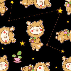 Vector cartoon seamless pattern. Kawaii anime alpaca, llama with flowers, plants in tea cup and stars. Cute abstract illustration, art for popular kids design with black background