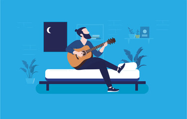 Music inspiration at night - Man sitting in bed playing guitar and composing songs. Aspiration, after dark and music instrument practice concept. Vector illustration.