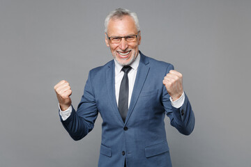 Happy elderly gray-haired mustache bearded business man in classic blue suit shirt tie posing isolated on grey wall background studio. Achievement career wealth business concept. Doing winner gesture.