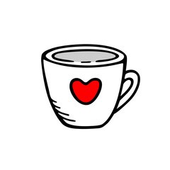 A cup with red heart. Hand drawn vector illustration. I love coffee and tea. Sketch icon. Kitchen stuff and elements.