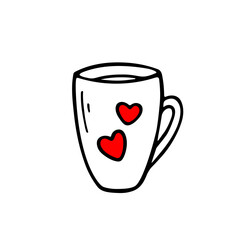 A cup with red heart. Hand drawn vector illustration. I love coffee and tea. Sketch icon. Kitchen stuff and elements.