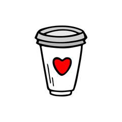 Take away coffee cup. Hand drawn vector illustration. Coffee to go. Hot drinks takeout concept. Paper mug. Sketch icon.