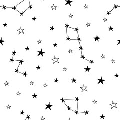Stars constellations vector seamless pattern design hand-drawn. Space, universe, stars, ursa major, ursa minor, cassiopeia,  - fabric wrapping, textile, wallpaper, apparel design.