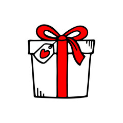 Hand drawn gift box with hearts in doodle style. Sketch present. Outline vector illustration isolated on white background.