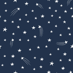 Falling vector stars seamless pattern design hand-drawn on blue background. Space, universe, falling stars - fabric wrapping, textile, wallpaper, apparel design.