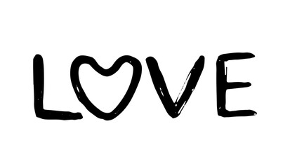 Love. Handwritten text. Dry brush texture and love script modern calligraphy word. Black color text on white background. T-shirt print, post card, video blog cover