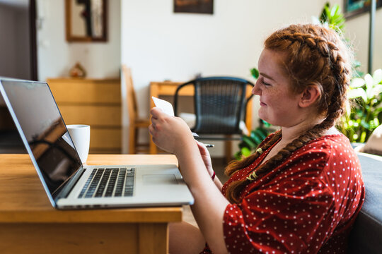 Smiling red hair shopping online with laptop.