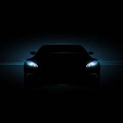 Fototapeta na wymiar Vector silhouette of a sports car with xenon headlights on with blue background
