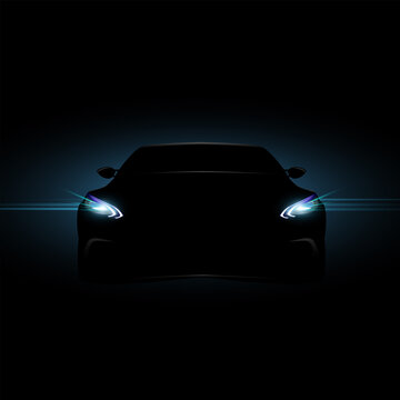 Vector silhouette of a sports car with xenon headlights on with blue background