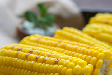 Young yellow sweet corn on the grill. Delicious summer meal. Closeup.