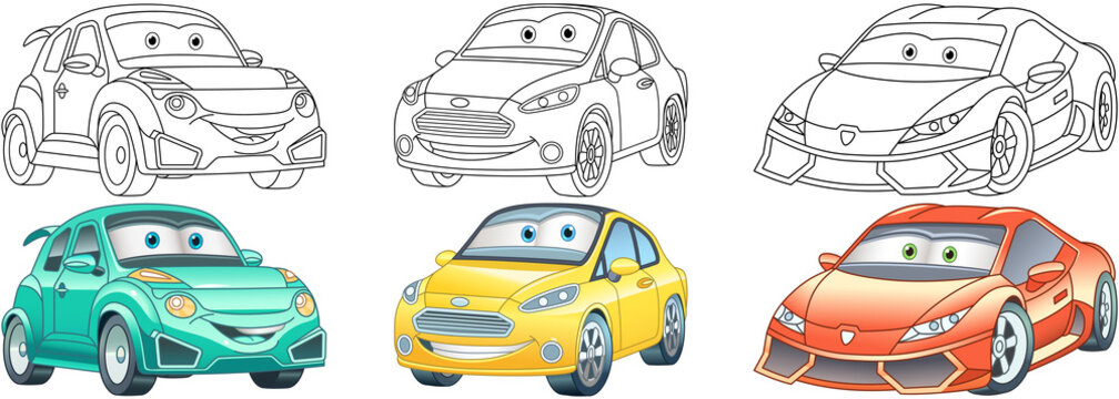 Coloring pages for kids. Colorful cars collection.