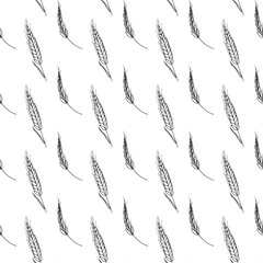 Cute kawaii square pattern of wheat spikelets and grains on a white background isolate. Digital contour doodle art. Print for packaging, brand, wrapping paper, textiles, restaurant menu, bar