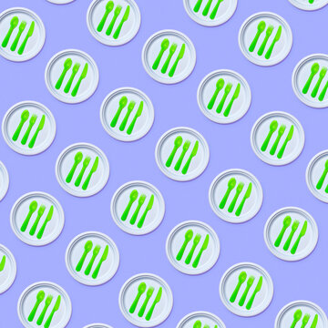 Plastic eating utensil pattern on a lilac background. Flat lay.