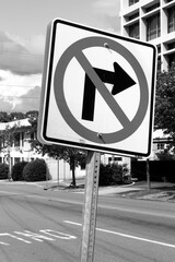 No right turn sign on a city street in Birmingham, Alabama