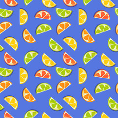 Fruit seamless pattern with citrus slices including lemon, orange, lime and grapefruit.