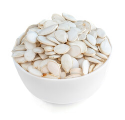 Pumpkin seeds in a bowl  isolated on white background. 