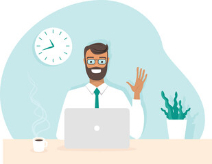 Young happy office worker having conference call via laptop. Home office. Stay at home and work from home concept during Coronavirus COVID-19 pandemic