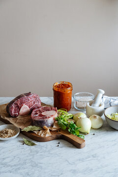 Kitchen table with cooking ingredients