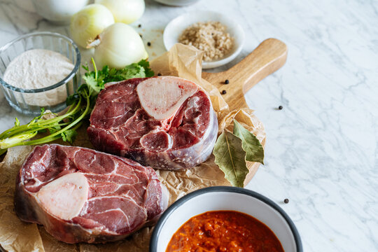 Cutting board with cooking ingredients