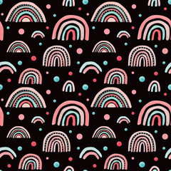 Watercolor nursery pink raindow seamless pattern. Hand painted rainbows on darck black background. Baby shower girl rainbow scrapbook paper. Kids fabric design illustration trendy pastel colors